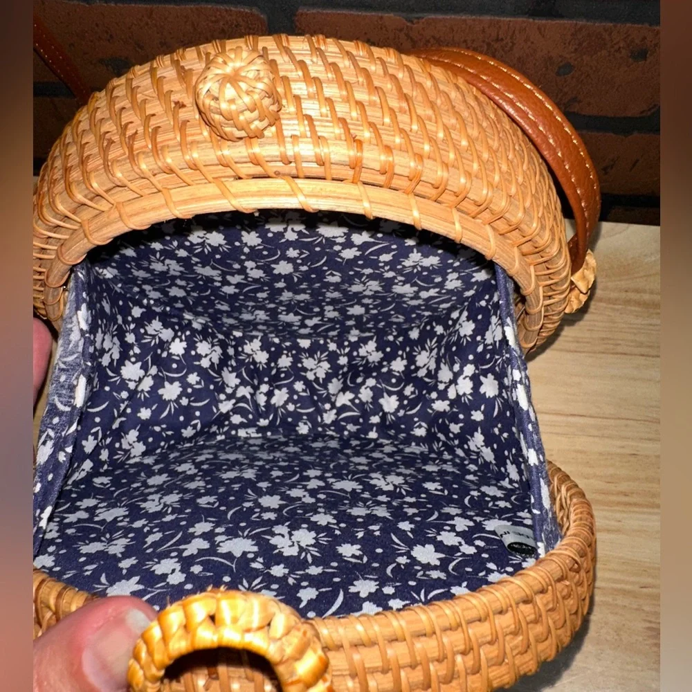Round Woven Tan Crossbody Bag